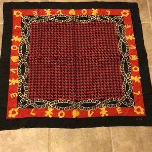 J G Hook Vintage 100% Silk Red and Black LOVE Patterned Houndstooth Scarf